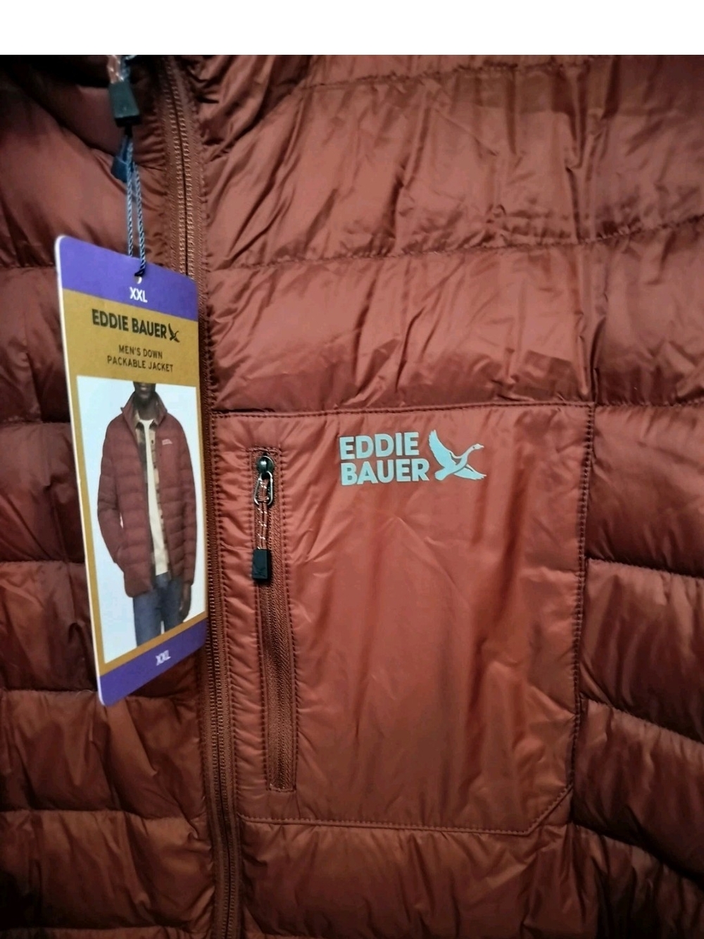 Eddie Bauer Men’s XXL Brown Packable Down Puffer Jacket 650 Fill NWT - Picture 7 of 8